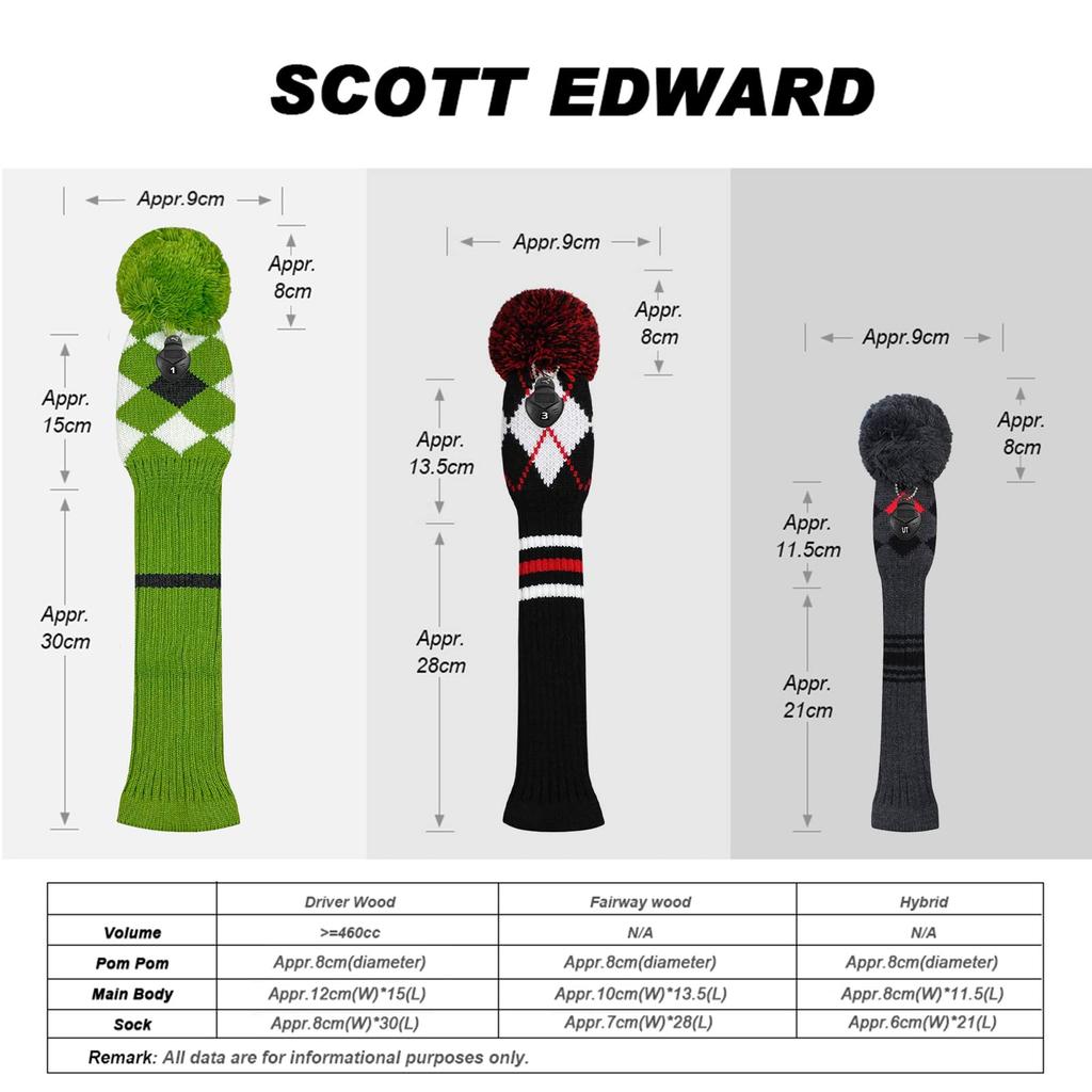 Scott Edward Golf Club Headcover Set Fairway Wood Hybrid with Knit Pom Pom Design The Perfect Change for Your Golf Bag (Driver #1, #3, #5, Utility,