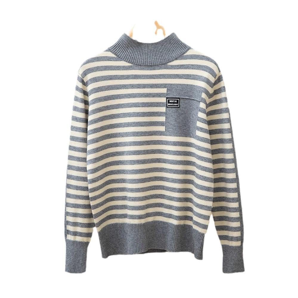 2025 Women’s Korean Style Striped Half High Neck Knitted Pullover Sweater