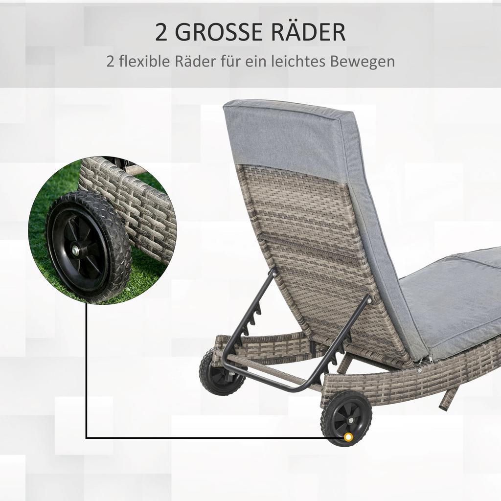 Lettino da sole in polyrattan Lettino da giardino con cuscino Lettino in rattan regolabile a 5 livelli Arredamento da giardino Lettino forma a S Grigio metallico 207 x 70 x 70 cm