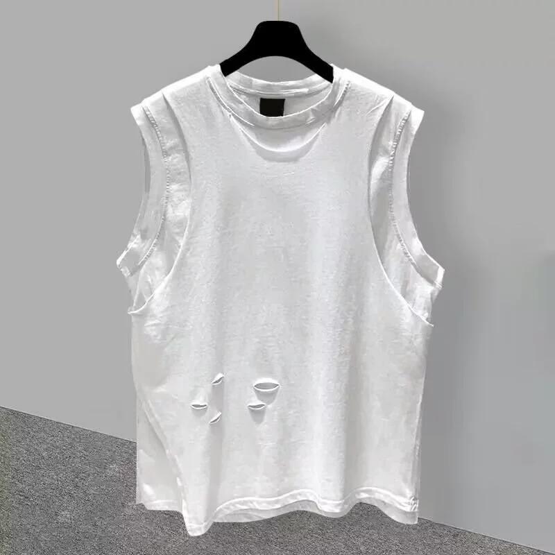 Men's Spring and Autumn Solid Colour Round Neck Casual Loose Shoulders Vest Hole Sleeveless T-shirt