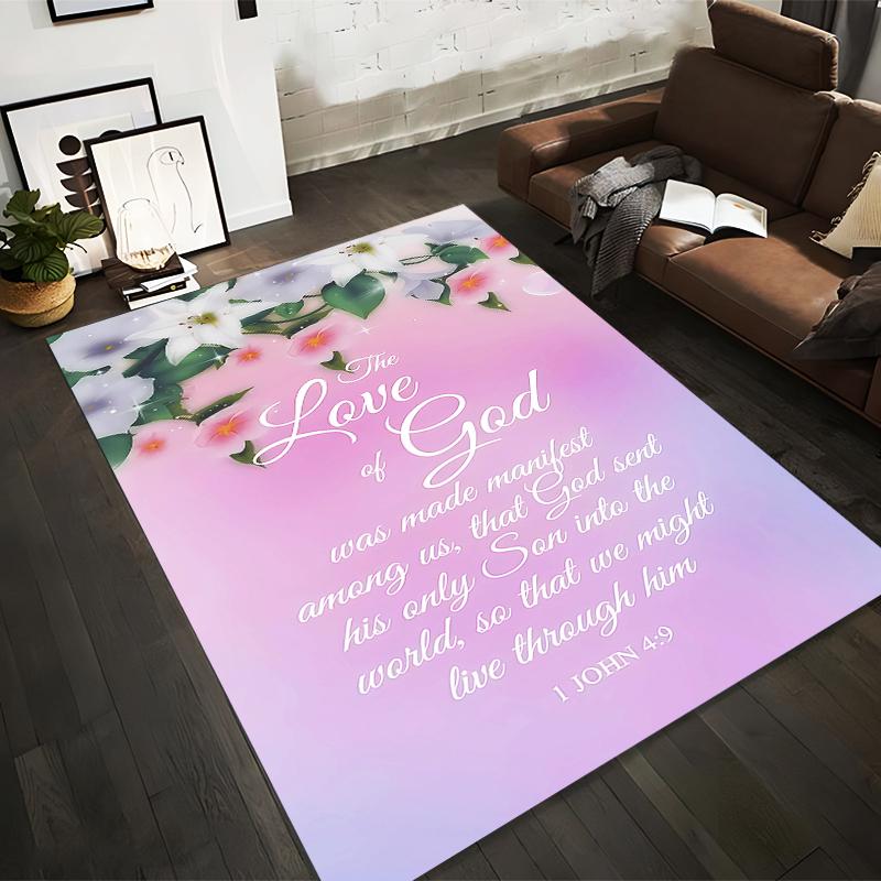 Floral and Inspirational Biblical Verse Rug Non-slip rug suitable for living room and bedroom sofas.