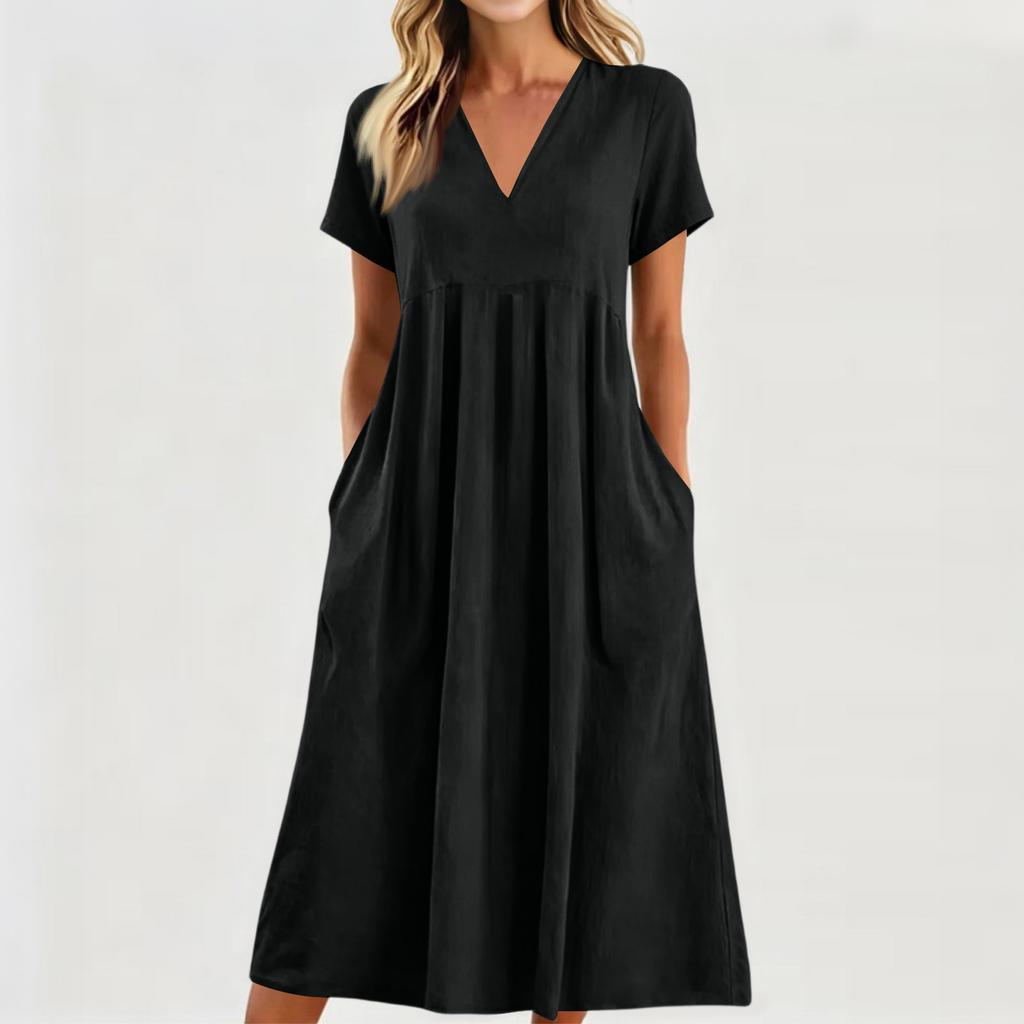 Robe midi décontractée confortable en tissu léger pour femme, col en V, manches courtes, coupe ample, avec poches, robe d'été
