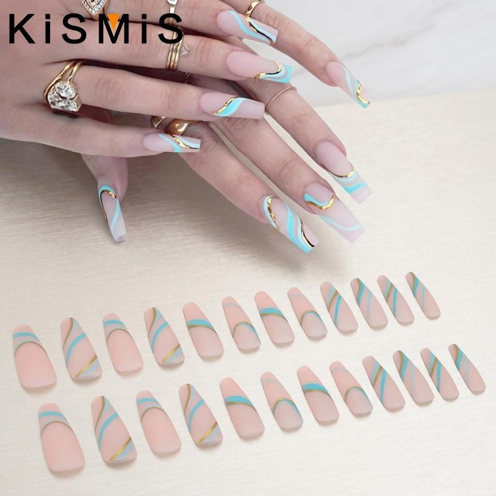 24Pcs Gold Wave Pattern Long Ballet Nail Art Matte Press on Nails Gold Frosted Fake Nails Contrasting Color Design