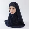 175*70cm Monochrome Pearl Chiffon Scarf with Wave Edge & Beading - Elegant Muslim Hijab Shawl