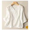 Women Summer New Retro Literary Style Linen Blend V Neck Half Sleeve Casual Simple Blouse