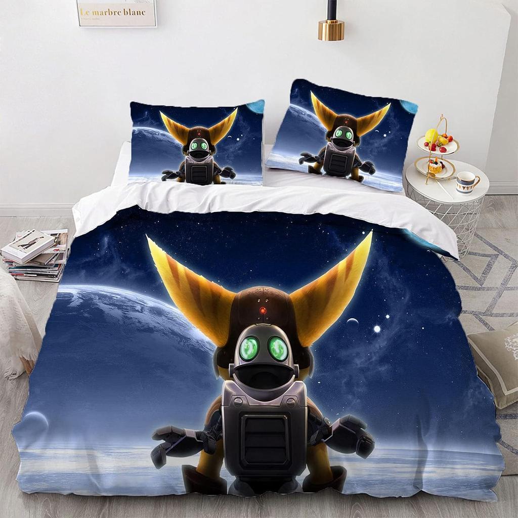 Ensemble de literie 3D Jeu Ratchet & Clank Rift Apart Ensemble de lit imprimé Housse de couette Drap Taie d'oreiller Lit Couette douce Taille Double Queen King