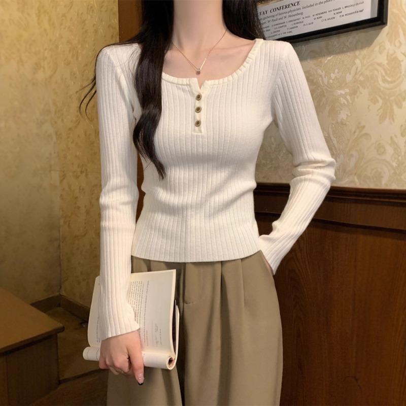 Design Sense One-word Shoulder Lapel Long-sleeved Knitted Sweater Women's Inner Slim-fitting Sweet and Spicy Bottom Sweater Outer Top