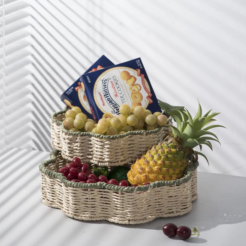 Hand-Woven Paper Rope Storage Basket Imitation Rattan Household Storage Basket Living Room Snack Tray Desktop Storage Basket