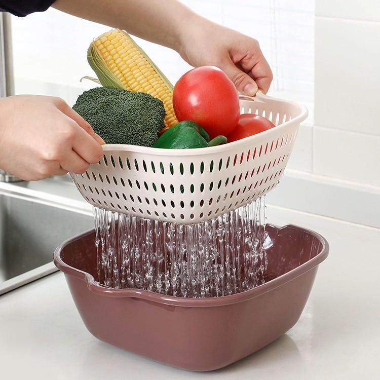 Colorblock Drain Basket Set: 6-Piece Double-Layer Plastic for Fruit & Vegetable Washing, Large Size