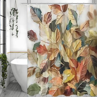 Fall Oil Painting Leaves Shower Curtain, Bathroom Decorative Shower Curtain, Waterproof Shower Curtain with Hooks