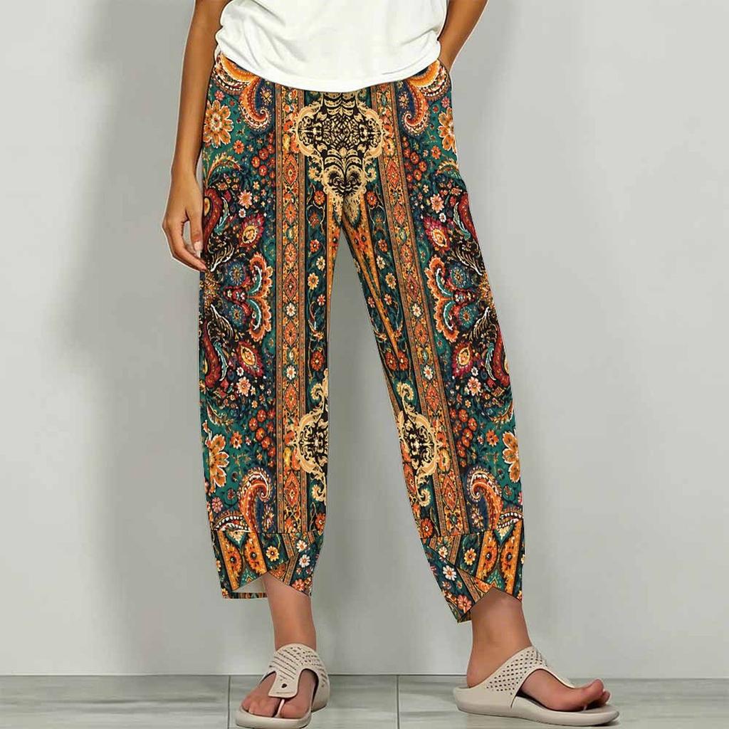Women Plus Size Floral Printed Loose Cross Hem Cropped Pants