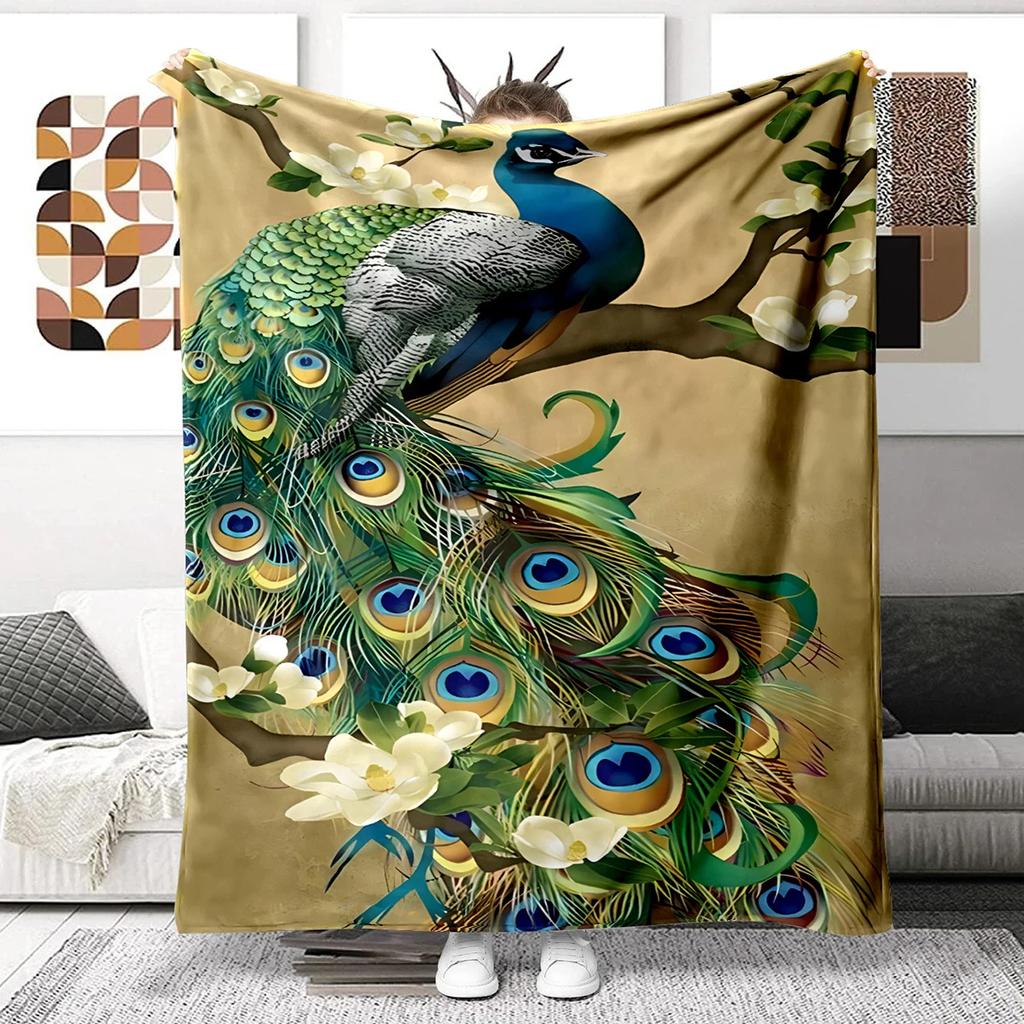 Colorful Peacock Picture Digitalprinted Polyester Bedroom Velvet Flannel Cover Blanket Fleece Soft Sofa Cover Blankets for Beds