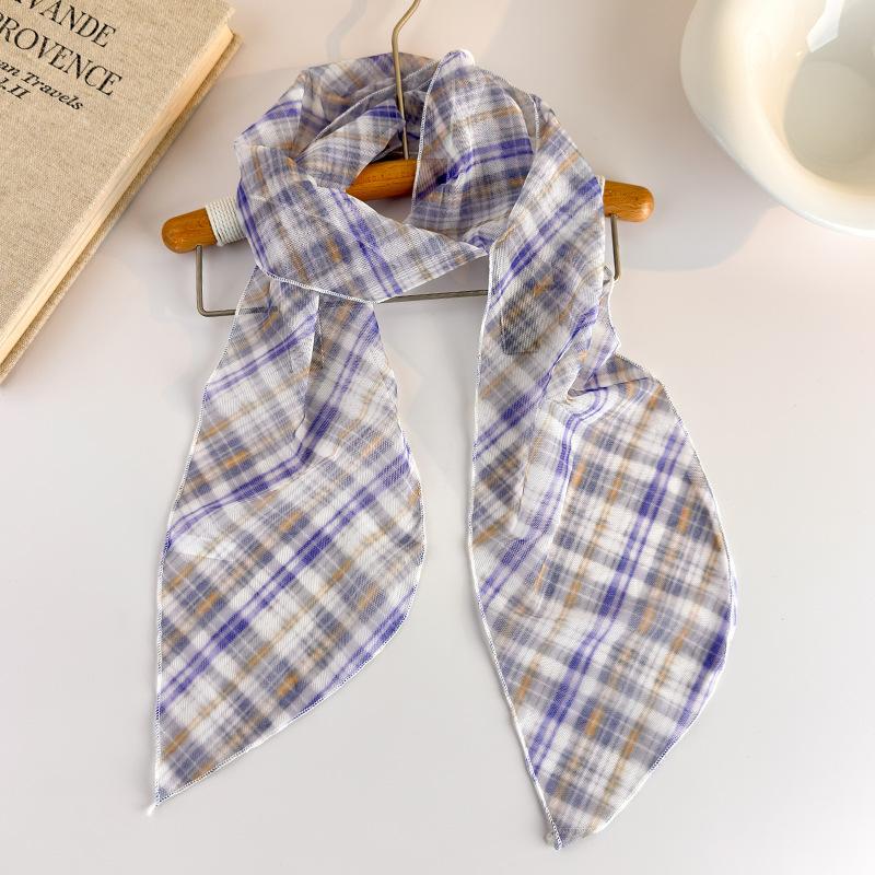 Korean Long Scarves Plaid Floral Print Lightweight Lace Mesh Scarf Versatile Neck Accessory Hair Scarf Neckerchief