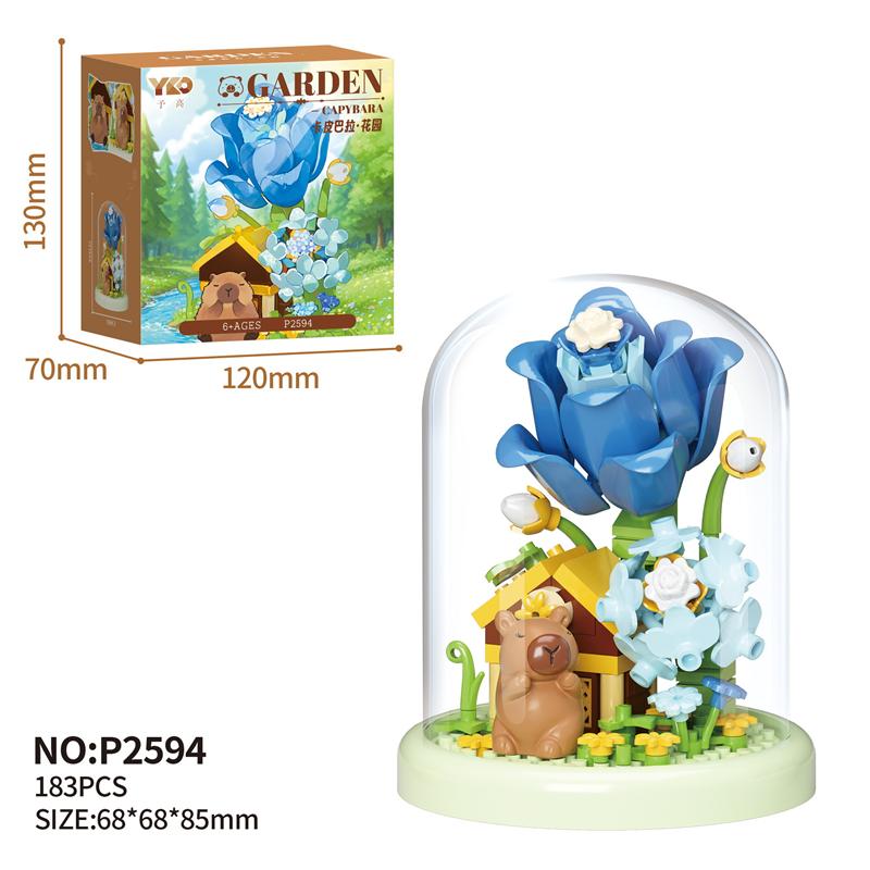 

New product creative capybara garden assembled building blocks toys rose lily immortal flower ornaments toys with dust cover NO box