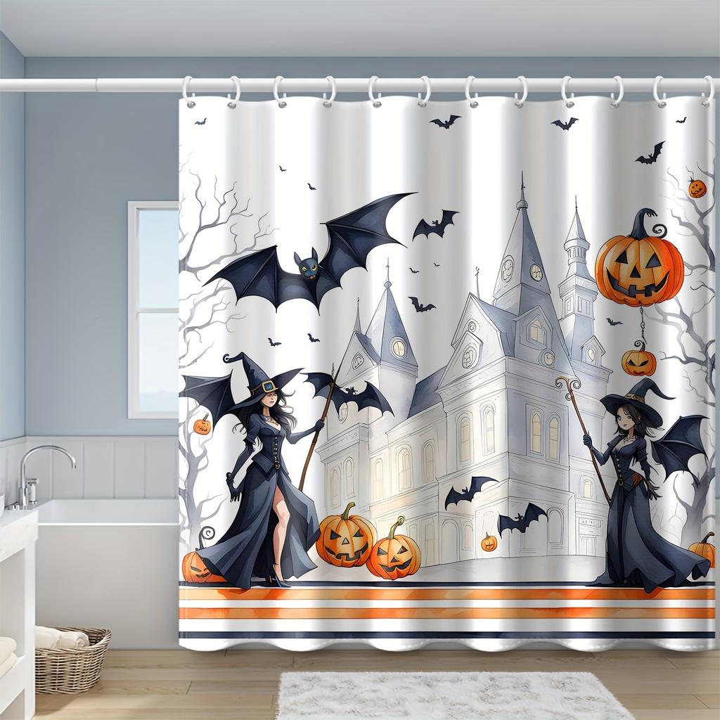 1Pc Halloween Witch Castle Pumpkin Print Waterproof Polyester Shower Curtain With Hook Machine Washable For Bathroom Decoration