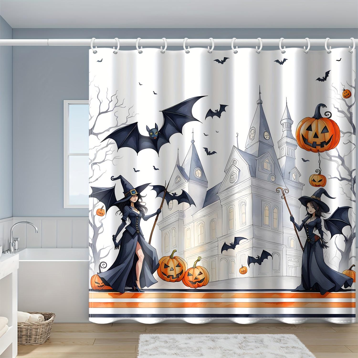1pc Halloween Witch Castle Pumpkin Print Waterproof Polyester Shower Curtain with Hook Machine Washable for Bathroom Decoration 90X180cm