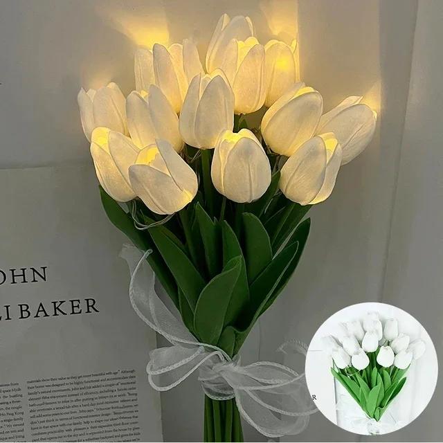 10pcs LED Tulips Artificial Flowers Bouquet Night Light Romantic Table Lamp for Bedroom Desktop Home Decor Wedding Birthday Gift