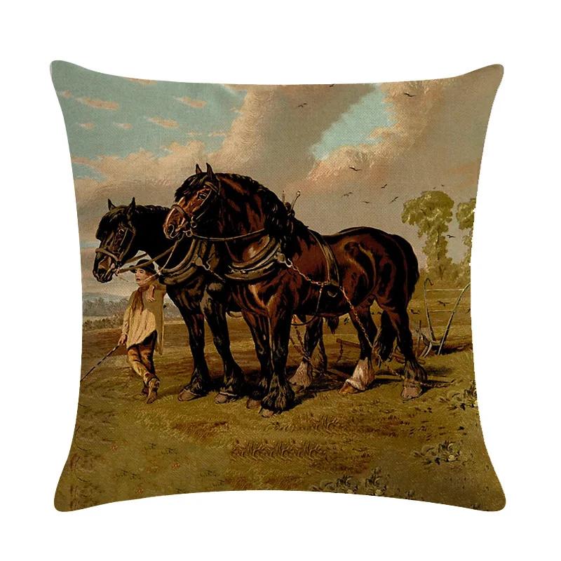 Retro Nostalgische Kunst Pferde-Druck Dekorative Kissenhülle Baumwolle Leinen Haus Auto Sofa Kissenbezug Heimdekoration 45X45cm