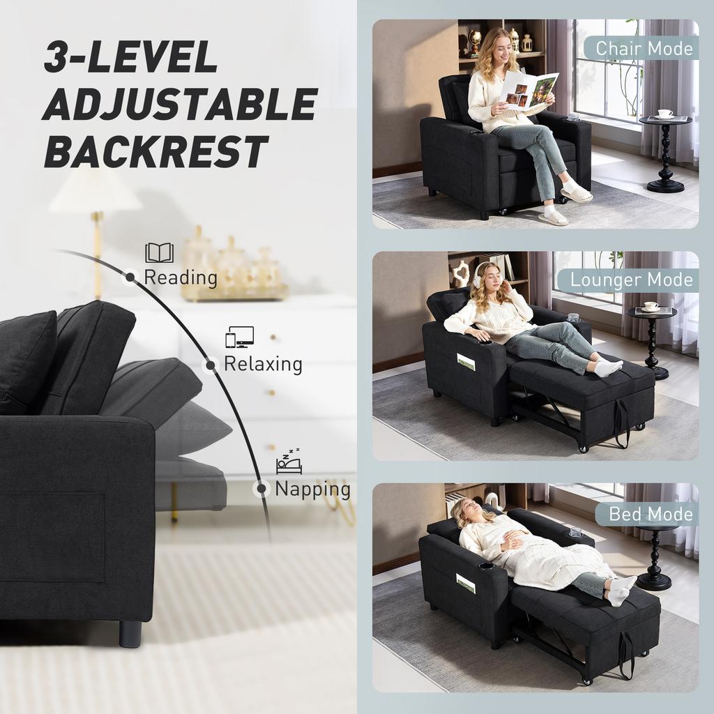 3-in-1 Single Sofa Bed, Convertible Sleeper Chair Bed - Black