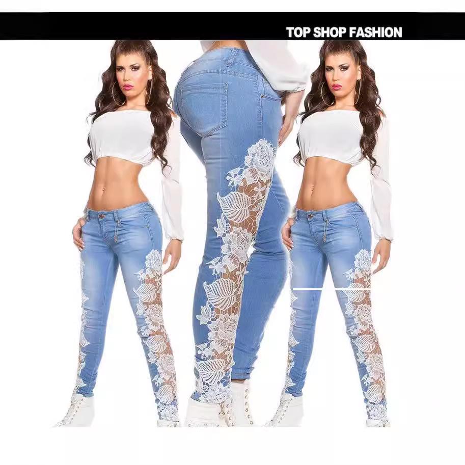 2024 Women's Sexy Hollow Lace Skinny Jeans with Side Lace Detailing for Casual or Fashion Events