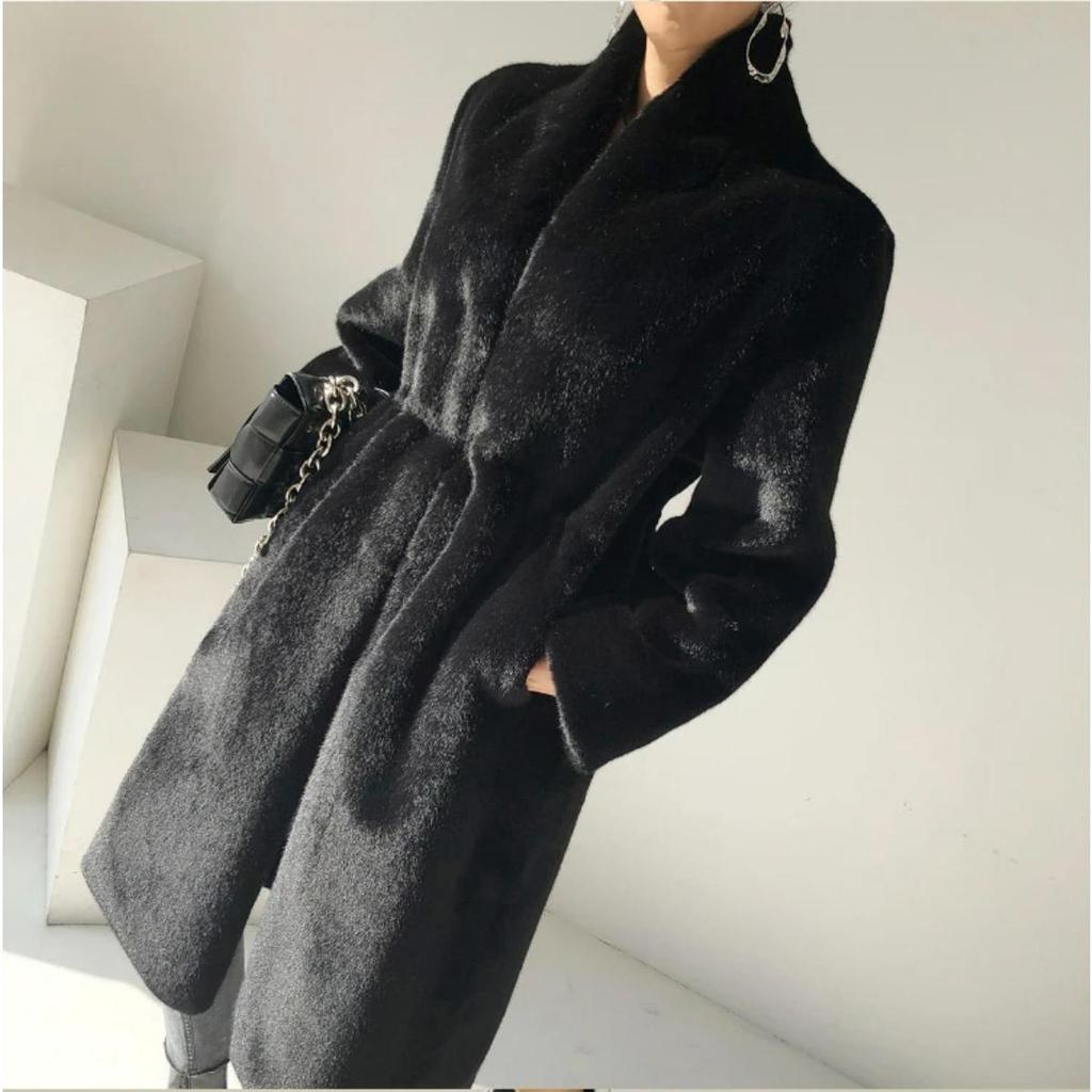 Winter Lang Schwarz Luxuriös Elegant Stilvoll Dick Warm Flauschig Zottelig Weich Faux Nerz Pelzmantel Damen Stehkragen Schärpen