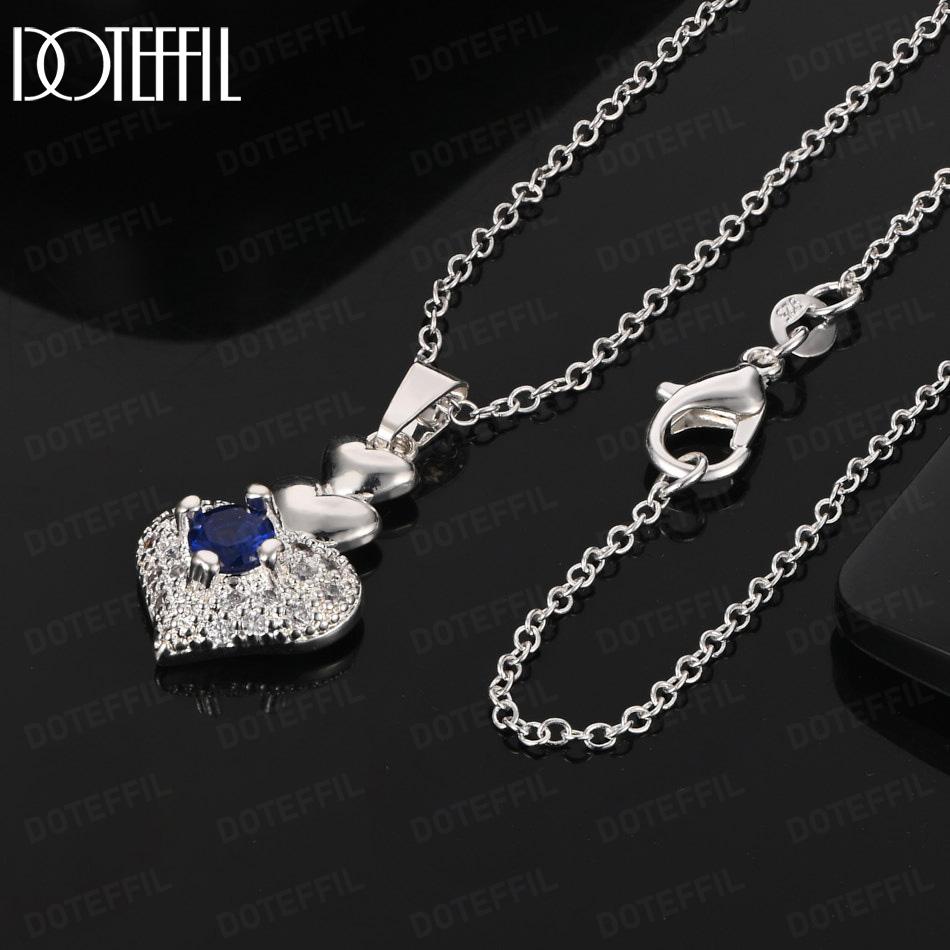 925 Sterling Silver Fashion Jewelry Heart-Shaped AAA Zircon Blue Pendant Wedding Necklace