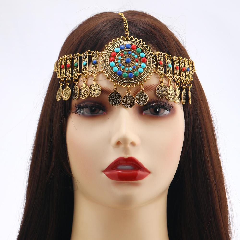Vintage Afghan Gypsy Coin Headband Bracelet Earrings Sets Boho Colorful Rhinestone Round Hollowed Flower Turkish Female Zircon