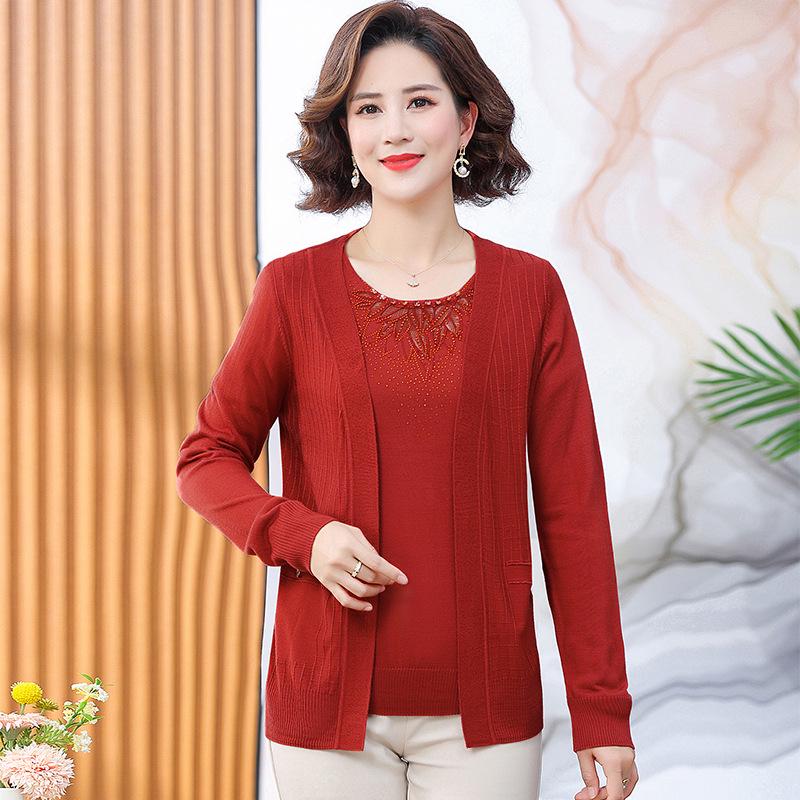

Elegant Two-Piece Spring Cardigan Set for Middle-aged and Elderly Women - Long-Sleeved Top & Jacket XL (100-110 jin) красный