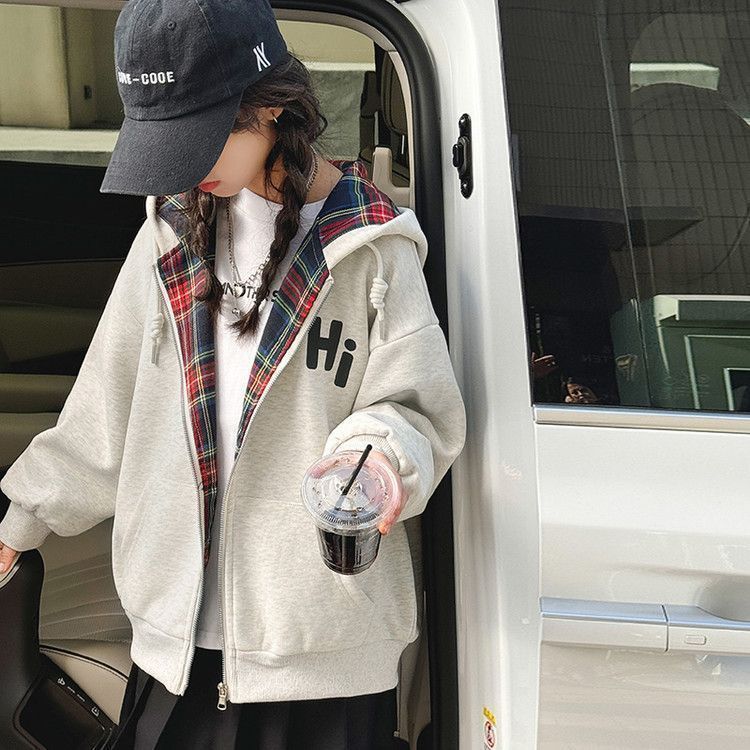 Girls Plaid Hooded Zip Up Sweatshirt Jacket for Spring Autumn 120