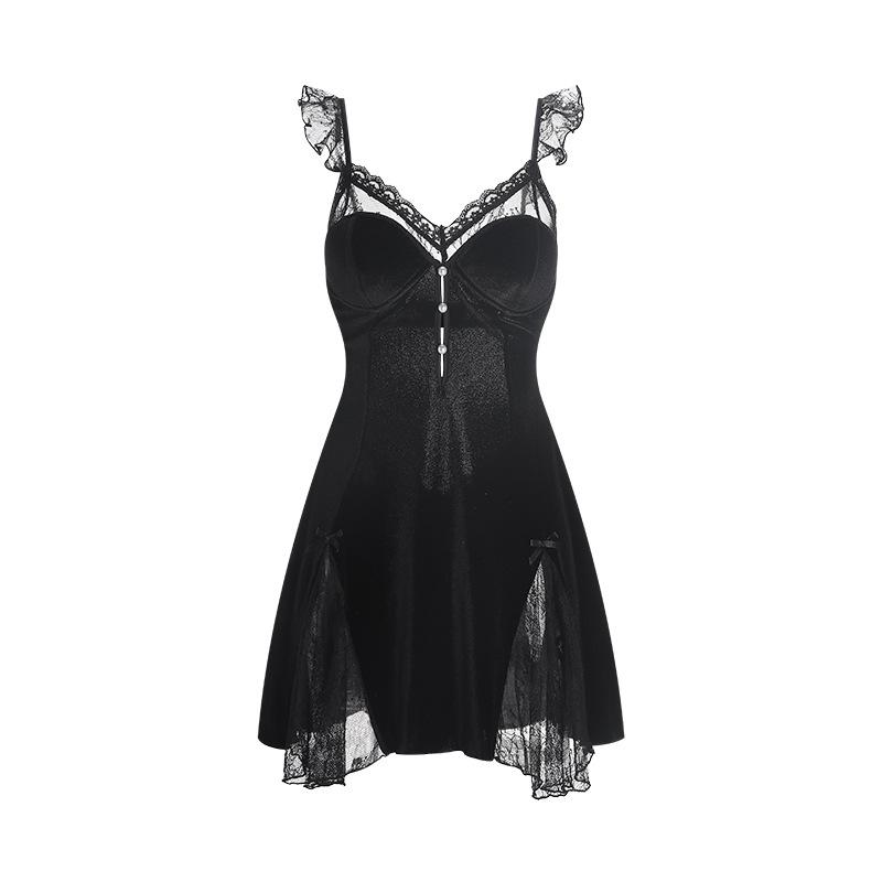 Gorgeous Lace See-Through Deep V Velvet Nightgown & Robe Set with Padding - Sweet Temptation 3908
