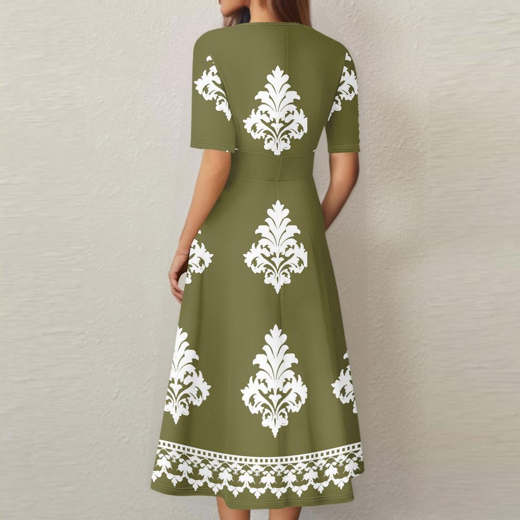 Damen Freizeitmode Retro Bedrucktes V-Ausschnitt Kurzarm Taillenlanges Kleid