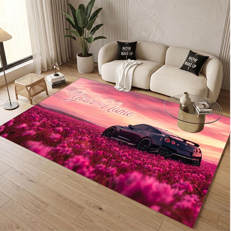 Auto-Rennsport-Thema Weicher Kristall-Samt Teppich Benutzerdefinierter Name & Text Druck Rutschfester Boden Teppich für Schlafzimmer Wohnzimmer