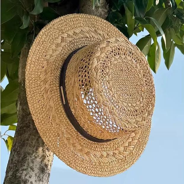 New Summer French Raffia Straw Hat - Hand Woven Hollow Flat Wide Brim UV Protection Sun Hat for Vacation Beach