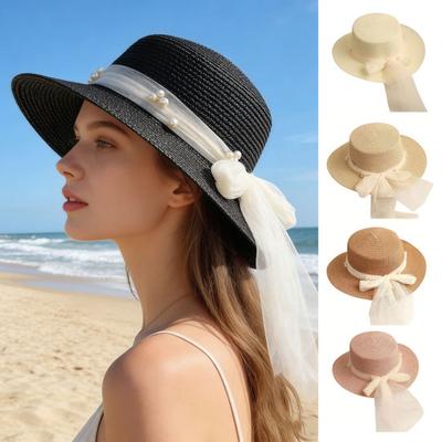 Beach Straw Hat Flat Top Wide Brim Sun Protection Hat with Tulle Bow Imitation Pearls Decor Hand-Woven Breathable Summer