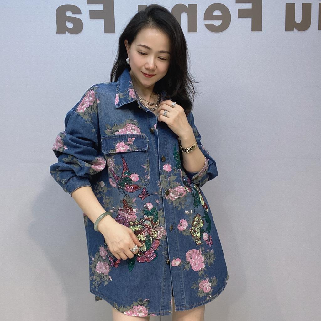 Denim Flower Print Turn Down Collar Long Sleeve Women's Blouses and ShirtsCasual Oversized Tops Bust Outwears