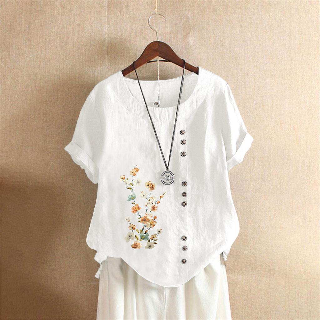 T-shirt Estiva Oversize in Cotone e Lino a Maniche Corte, Abbigliamento Donna Oversize Stampato in Cotone e Lino