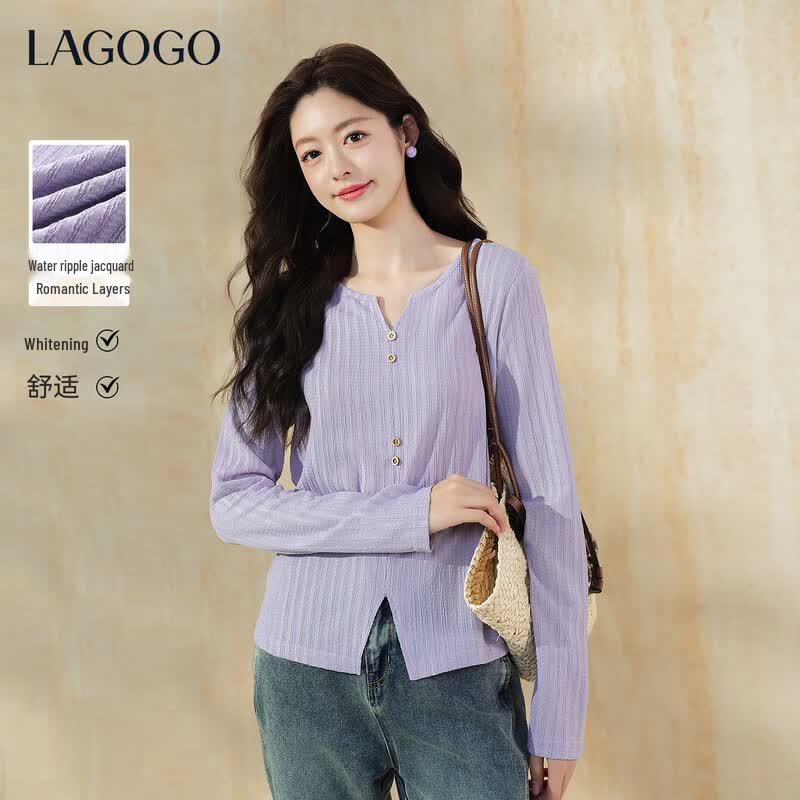 LAGOGOV V-Neck Slimming Striped Long Sleeve Top M