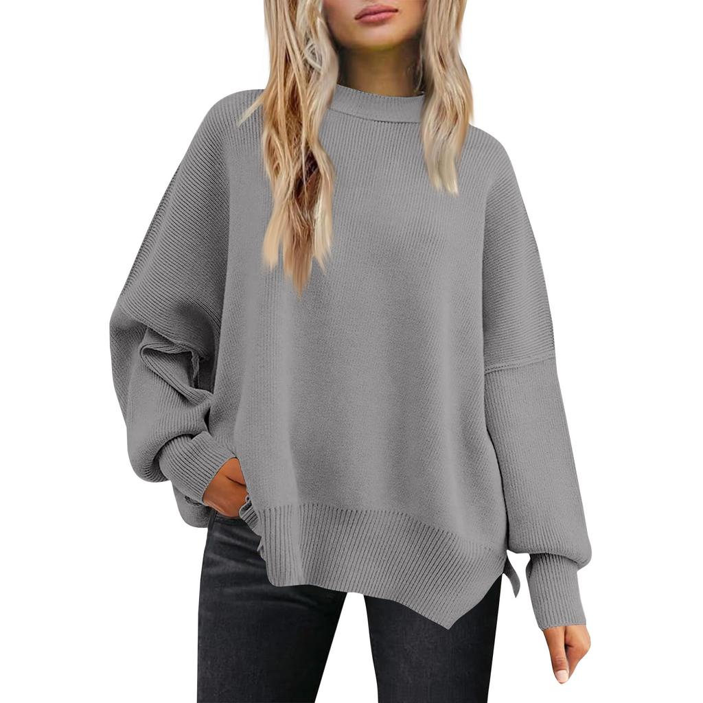 Women's Fashion Round Neck Long Sleeve Sweater Knitted Side Slit Pullover