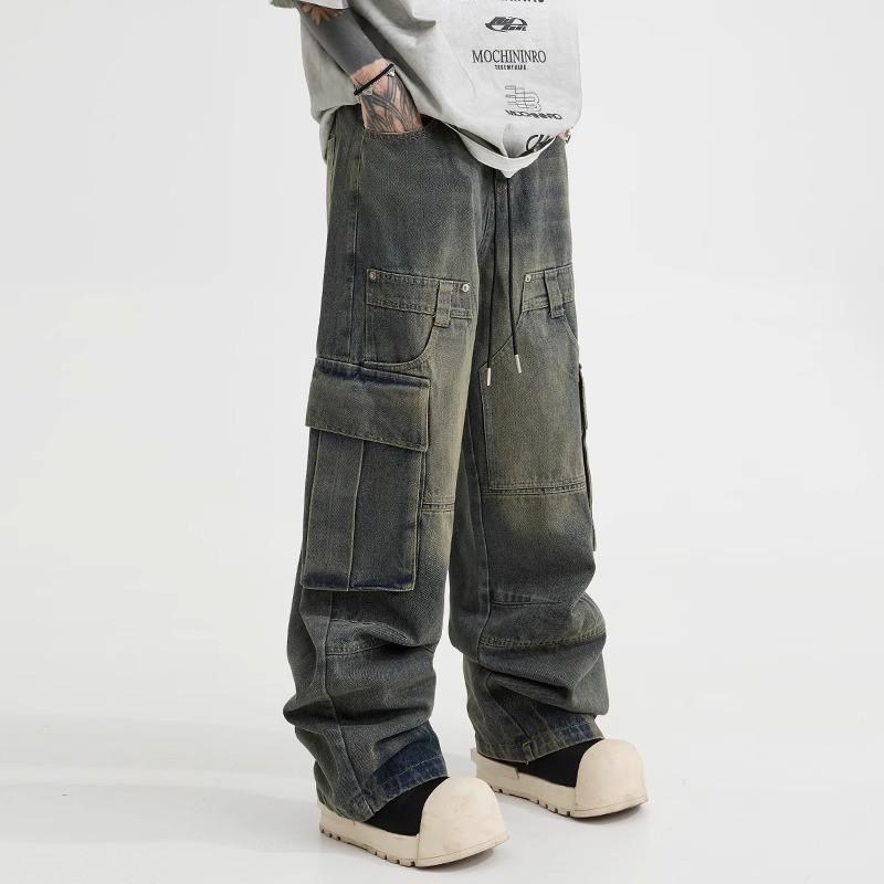 Mens Relaxed Fit Straight Leg Denim Cargo Pants Water Washed Vintage Streetwear Style