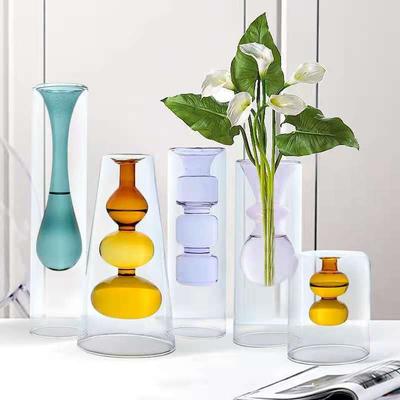 Simple Stained Glass Creative Double Glass Transparent Vase Personality Desktop Decoration Hydroponic Flower Device