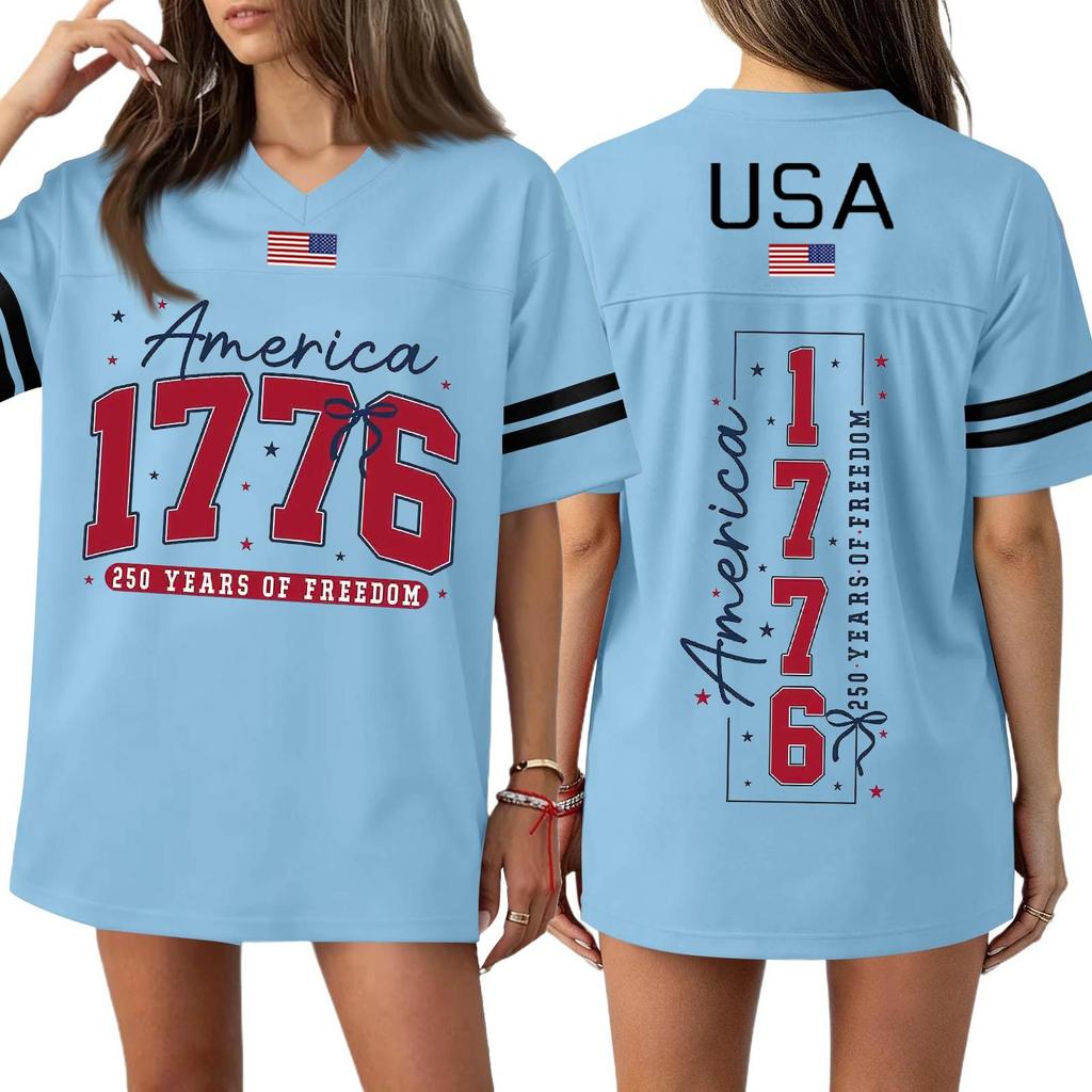 Women's Casual Fashion V-Neck Sports Independence Day Print Short Sleeve Sports T-Shirt Top