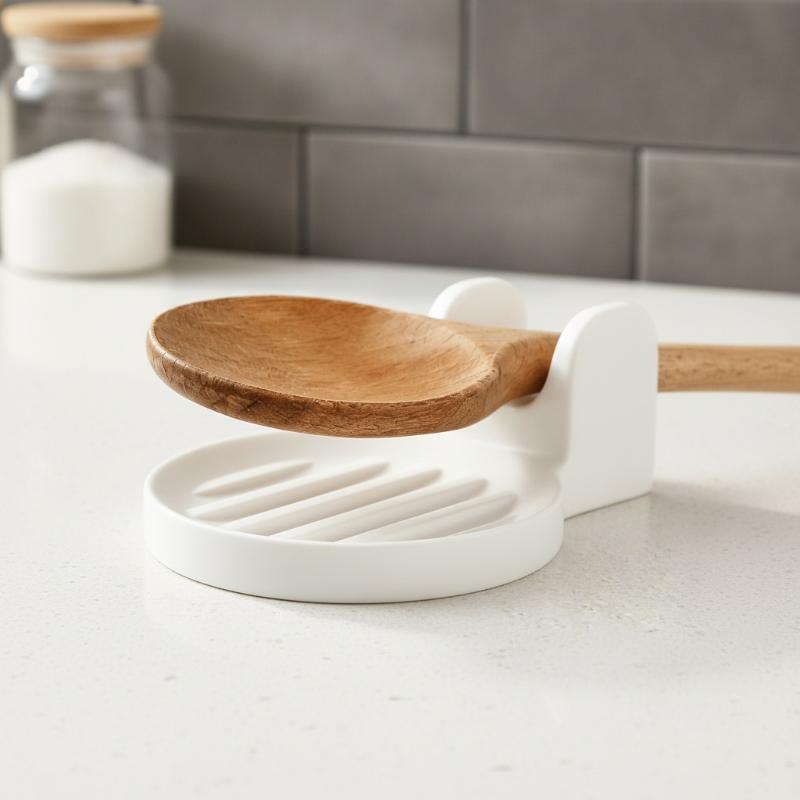 White Minimalist Draining Spoon Holder Heat Resistant Non Slip Kitchen Countertop Spatula Ladle Storage Rack