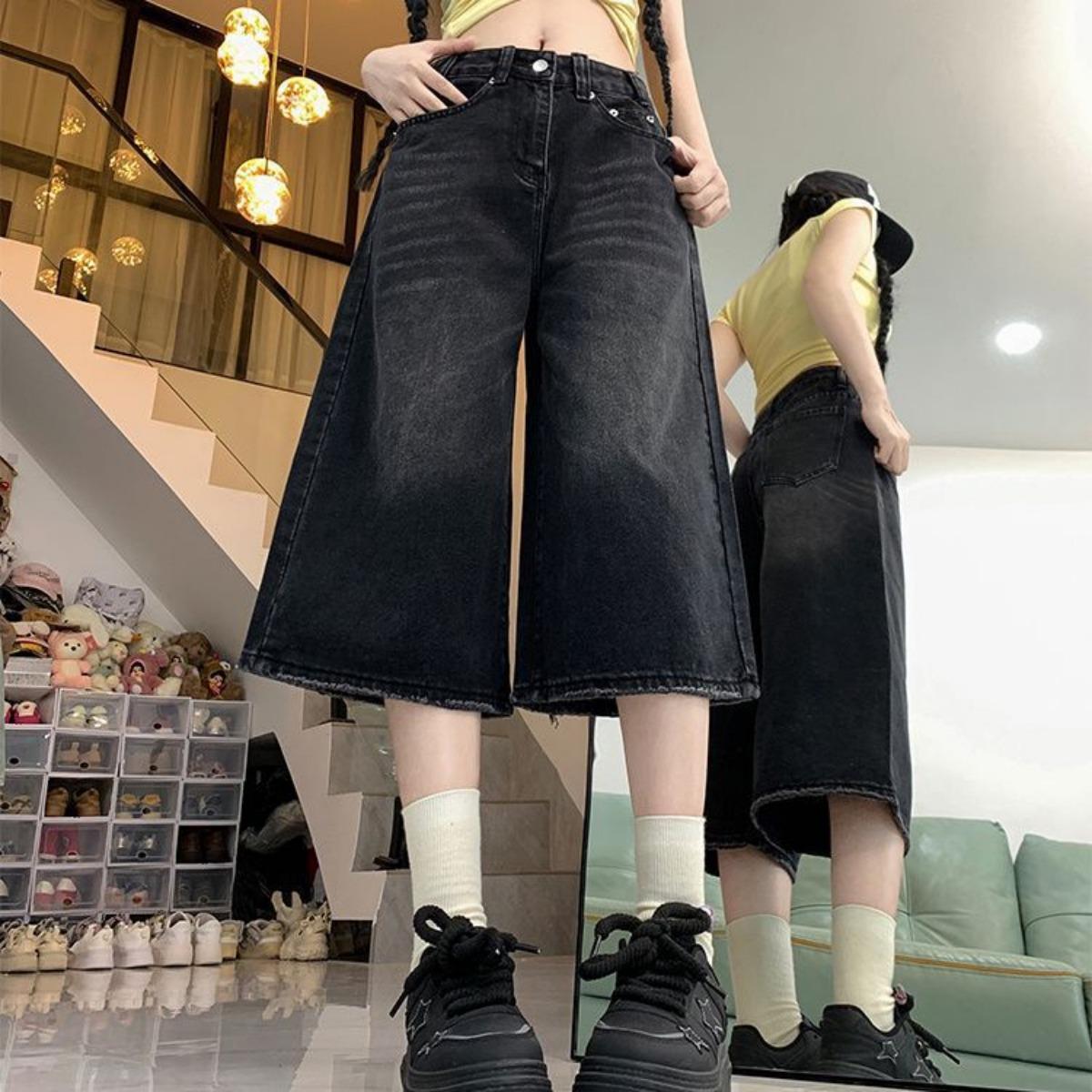 

Джинсы прямого кроя длиной семь четвертей для женщин, корейская версия, с высокой посадкой, больших размеров, свободные, повседневные, драпирующиеся, широкие брюки 2XL чёрный/серый