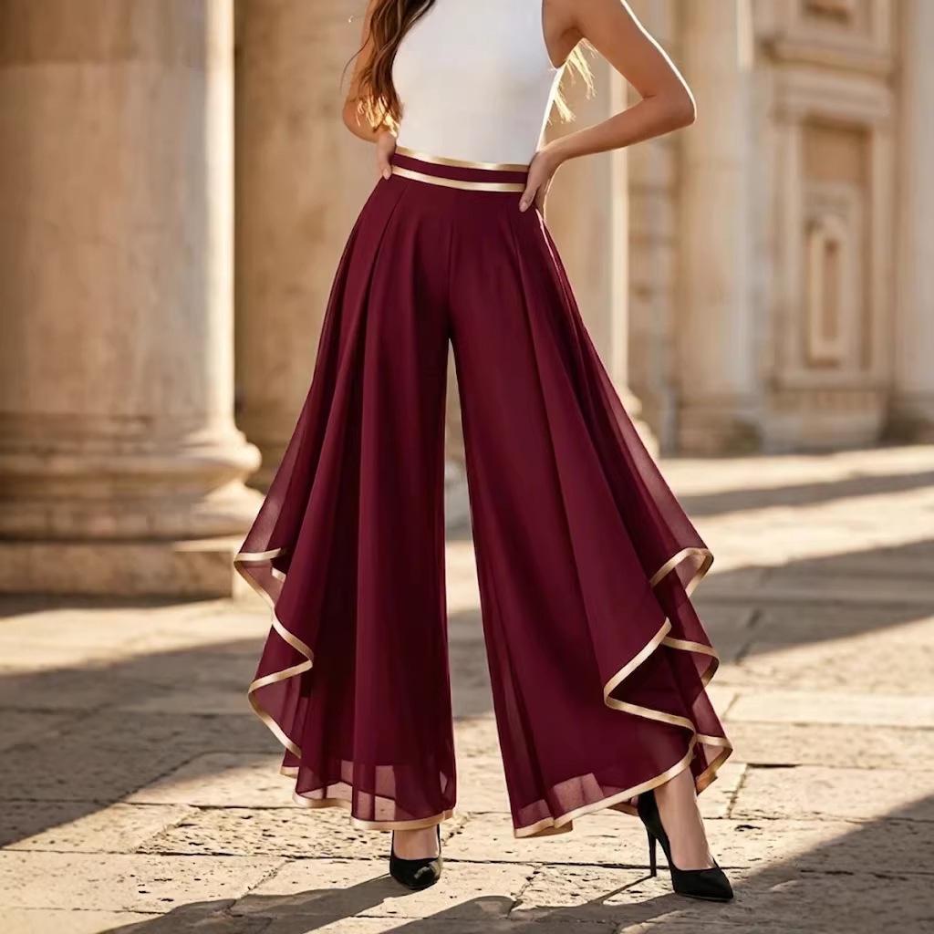 European and American Fashion High-Waisted Layered Chiffon Wide-Leg Pants