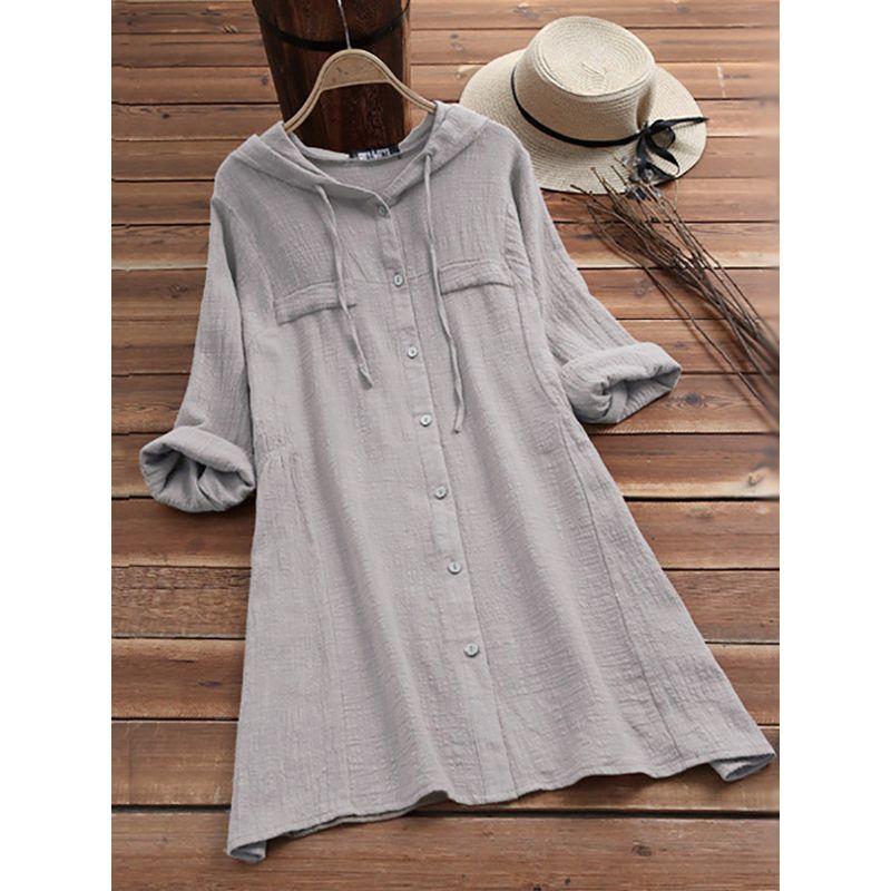 

Plus Size Women s Fashion Style Autumn Hooded Drawstring Single Breasted Loose Breathable Mid Length Long Length Long Sleeves Shirt S-5XL Gray 5XL