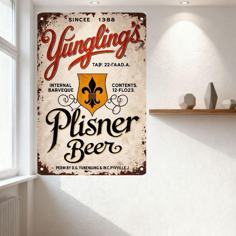 Vintage Yungling’s Plisner Beer Metal Sign with Aged White Background & Rust Patina - Retro Beer Advertisement Decor for Bar, Ca