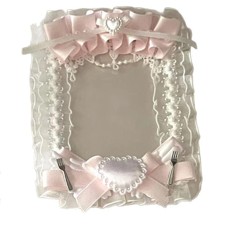 Aesthetic Lace Bow Photocard Holder 1Pc Satin Ribbon Heart Photo Frame Ita Bag Charm for Girls Daily Use