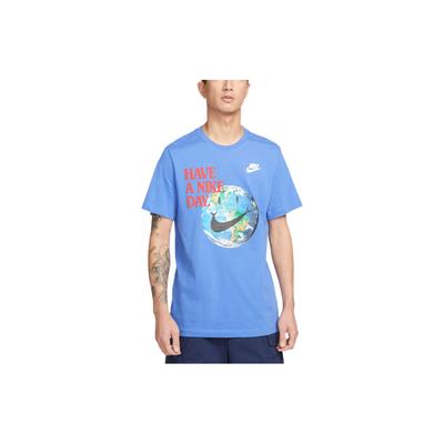 Earth Pattern Logo Print Crew Neck T-Shirt Men Tops Light-Race-Blue DM6332-432