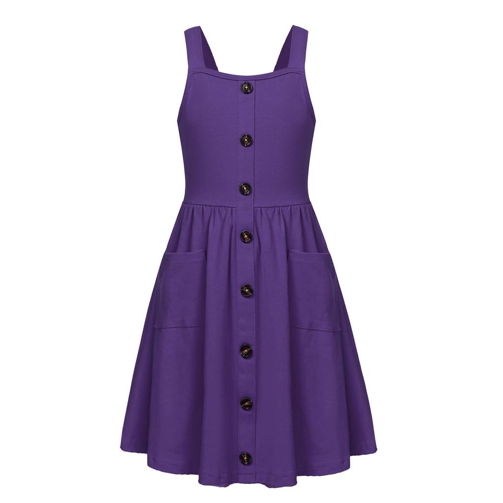 Girls' Fashion Buckle-Front Sleeveless Pocket Casual Solid-Color Dress