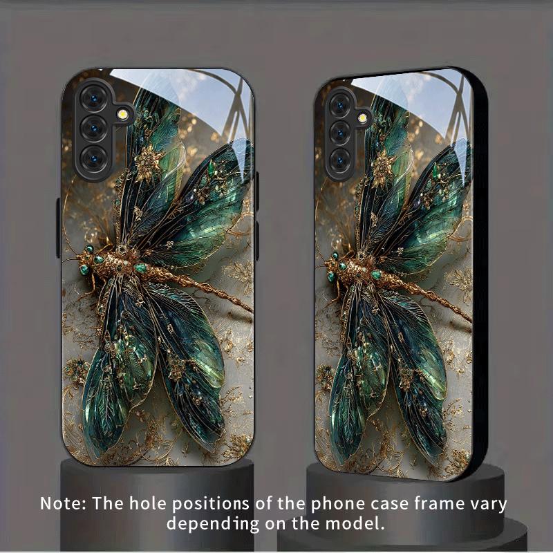 Gilded Emerald Dragonfly Black Glass Phone Case for Samsung Galaxy S26/S25 Ultra/S24/S24 FE/S24 Plus/S24 Ultra/S23+/S22+/S21 5G